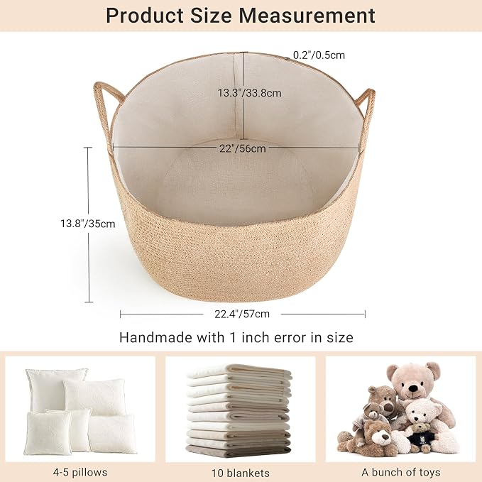 Mkono Extra Large Laundry Basket Woven Storage Baskets for Blankets Toys Clothes Organizer, Decorative Clothes Hamper 21.7" x 13.8" | Brown, Jute, Decorative Basket with Handle, Wood Beads Tassel, Shoes Towel Clothes Storage Bin, Living Room Bedroom Nu...