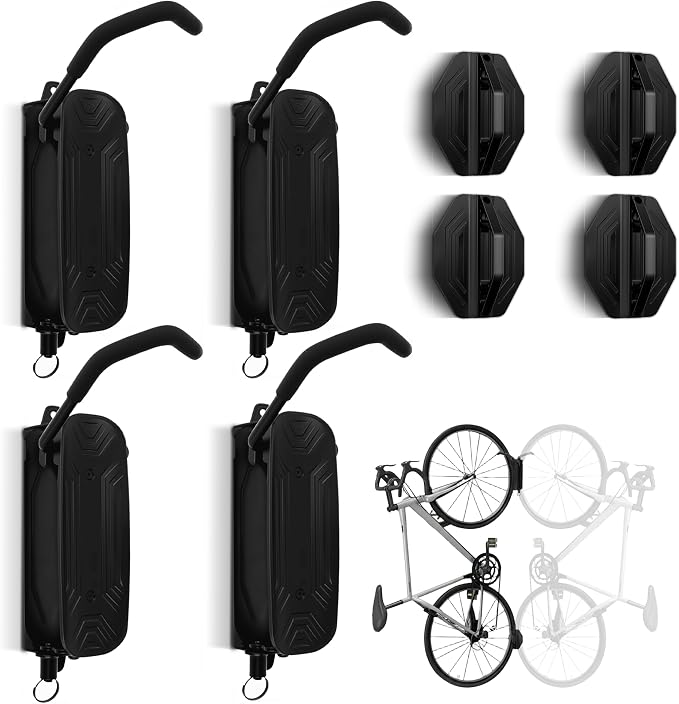 Bike Wall Mount, 4 Pack Heavy Duty Bicycle Hangers for Garage Storage | Space Saving Vertical Bike Rack Holds up to 66 lbs, Swivel Bike Hooks for MTB & Road Bikes, Easy Install