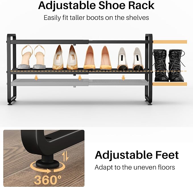 Expandable Metal Shoe Rack for Closet, Entryway & Garage, 2-Tier, Black | Adjustable Height for Boots, Stackable Design, Dense Mesh Shelves for Heels, Fits Small Spaces, Apartments and Rentals