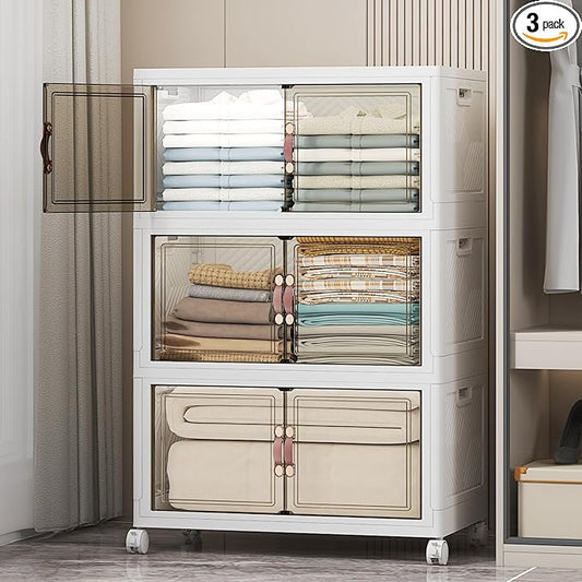 UAMFURI Stackable Storage Bins, 336QT Collapsible Drawers with 1 Lid | Large Capacity, Magnetic Door, Stack Lock, Rolling Wheels, Foldable Design, Organizers and Storage for Bedroom Dorm Garage