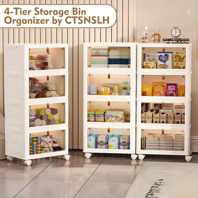 CTSNSLH 4 Tier Plastic Storage Bins with Lid 23QT - Stackable Storage Bins | Organizers and Storage with Wheels, Plastic Storage Cabinet Organization and Storage for Living Room,Office,Dorm