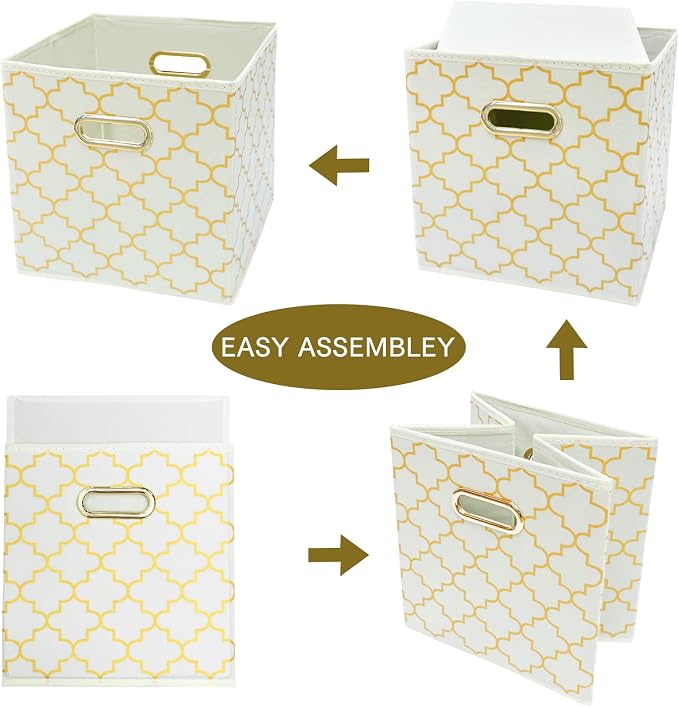 Fabric Cloth Storage Bins,Fabric Cube Organizer with Dual Handles Foldable Cube Storage Baskets for Home Bedroom Storage,Set of 3,(Creamy-White Gold)