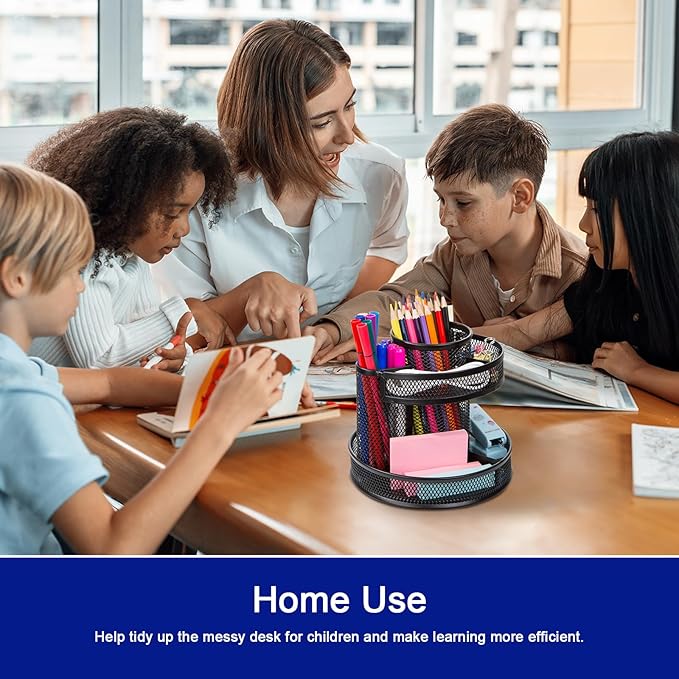 Comix Mesh 360° Rotating Pen Holder, Desk Organizer for Home Office, Black | 5 Compartment Pencil Holder, Sticky Notes Holder, Pen Organizer Office Supplies