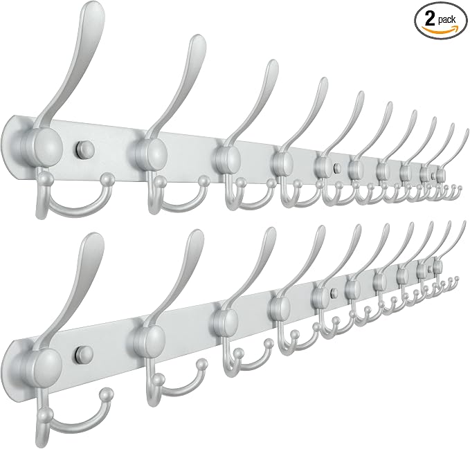 Dseap Coat Rack Wall Mount - 38” Long 10-Tri-Hooks Heavy Duty Coat Hanger Rail Wall Hooks for Hanging Coats Hats Clothing Clothes Purse Mudroom Entryway, Silver, Pack of 2