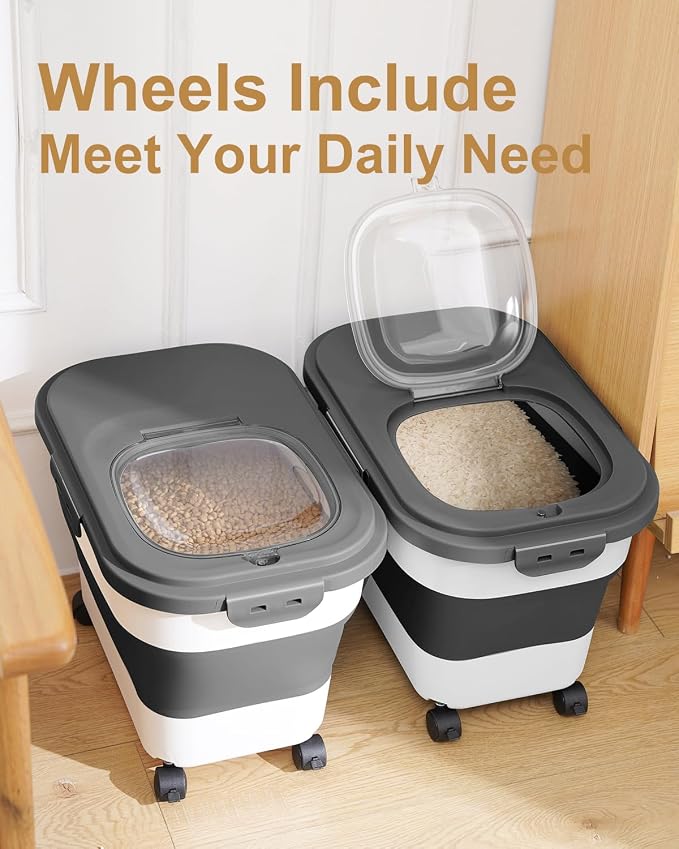 20-30 Lbs Rice Storage Container,Collapsible Food Storage Container | Flour Storage Container with Wheels Airtight Locking Lid,Rice Container Double Seal,Keep Fresh for Pet Food,Rice,Flour