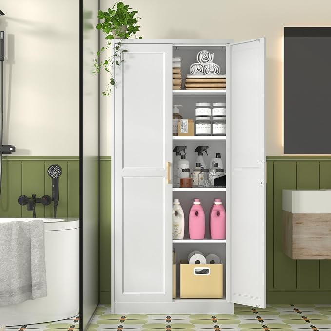 Polup White Kitchen Pantry Cabinet, 71 Inch Tall Metal Storage Cabinet with Doors and Shelves, Pantry Cabinets for Kitchen Storage, Freestanding Cupboard for Living, Dining Room, Assemble Required