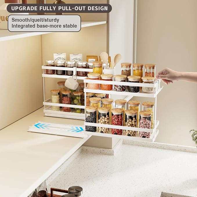 Magheo Pull Out Spice Rack Organizer for Cabinet, 1 Pack Metal Seasoning Organizer Slide Out Spice Storage Shelf No Assembly Vertical Spice Rack Pullout for Kitchen & Bahthroom No Drill(2 Tier,White)