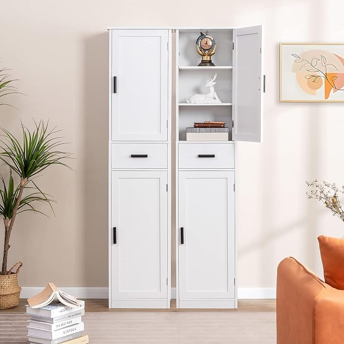 usikey 67'' Tall Bathroom Cabinet, Storage Cabinet with 4 Shelves & 2 Doors, Narrow Storage Cabinets for Bathroom, Living Room, Home Office, White