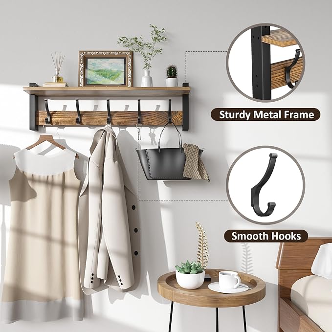Optish Coat Rack Wall Mount with Shelf, 24 Inch Coat Hanger Walls Mounted, Hat Rack for Walls, Shelf with 5 Coat Hooks, Wall Hanger for Entryway (Brown)