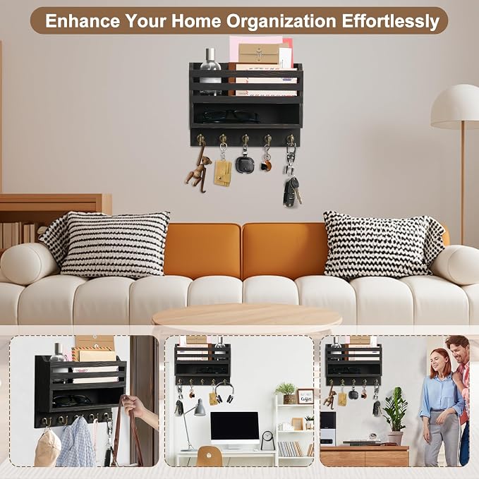 Key Holder Wall Mount with Mail Organizer, 5 Key Hooks, Black | Wood Mail Organizer Wall Mounted with 5 Key Hooks & Storage Box and Mail Organizer for Entryway, Apartment, Home and Office