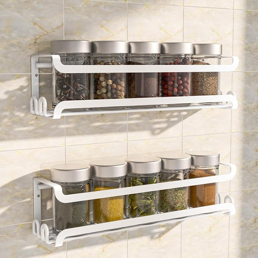 LUCYCAZ 2 Pack Wall Mounted Spice Rack for Spice Jars & Seasonings (White) | 8 Metal Hooks, Space-Saving,Screw or Adhesive Spice Shelf Hanging,for Kitchen Cabinet,Pantry Door,RV,Camper Spice Orgnaizer