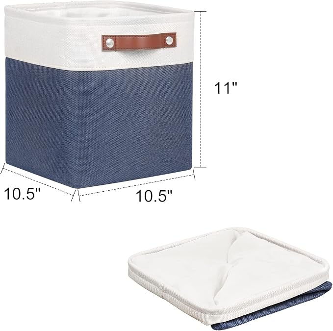 Univivi Fabric Cube Bins Set of 4 Storage Baskets with PU Handles for Home Closet Foldable Storage Bins (Blue, 10.5" x 10.5" x 11") | Hard Cardboard Bottom,Metal Frame,Foldable,PU Handles,Linen Closet Baskets for Shelves