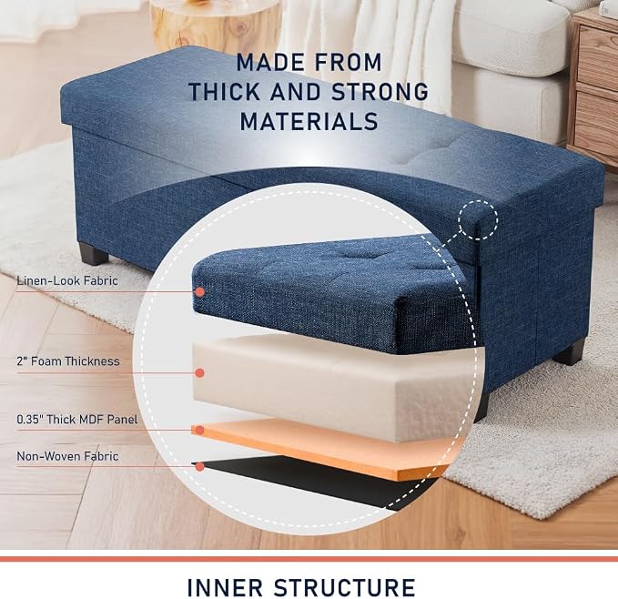 Ornavo Home 43" Large Storage Ottoman Bench with Legs, Navy Blue | Foot Rest Stool; Ottoman with Hidden Storage; Ideal for Bedroom, Living Room, Entryway or Home Office