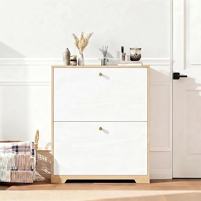 Nicetree Shoe Storage Cabinet with 2 Flip Drawers, Natural Oak and White | Narrow Shoe Organizer, Freestanding Shoe Rack Cabinet, Modern Shoe Storage Cabinet for Entryway, Hallway, Foyer, With Hook
