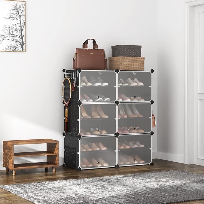 ROJASOP Portable Shoe Rack Organizer 6-Tier Shoe Cabinet 24-Pair Shoe Organizer Shoe Storage Expandable Free Standing Stackable Space Shoe Rack with 2 Exclusive Versatile Hooks for Bedroom Black
