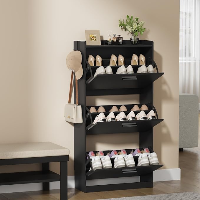 Shoe Cabinet Organizer with 3 Flip Drawers,Narrow Shoe Rack 23.6" W White | Freestanding shoe storage cabinet for entryway,foyer and hallway,slim design and space-saving flip drawers
