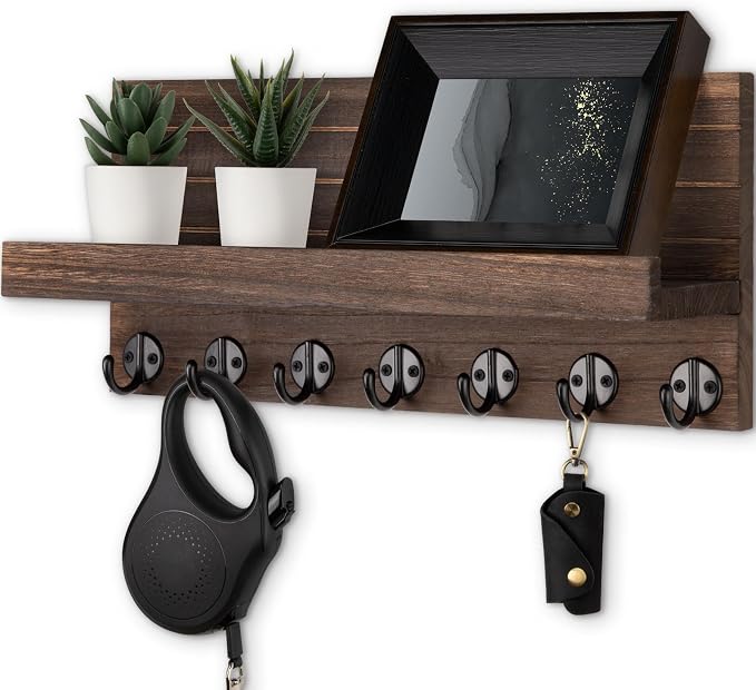 Lwenki Key Holder Wall Mount, Entryway Key and Mail Holder with 7 Sturdy Hooks for Sunglasses, Dog Leash, Decorative Wall Shelf with Mounting Hardware, 15”W x 6.7”H x 4.2”D (Brown)