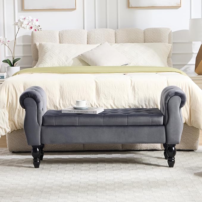 47″ Storage Bench with Arms End of Bed Bench,Velvet Entryway Bench with Storage, Button Tufted Upholstered Ottoman Bench Wood Legs, Window Sitting Bench for Bedroom/Living Room, Dark Grey