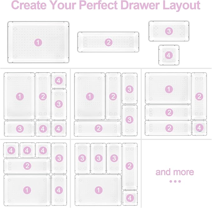 25 Pcs Makeup Drawer Organizer Set, 4 Sizes Versatile Bathroom and Vanity Drawer Organizer for Makeup, Non-Slip Desk Organizer Trays for Bedroom, Office, Fits Jewelry and Office Supplies