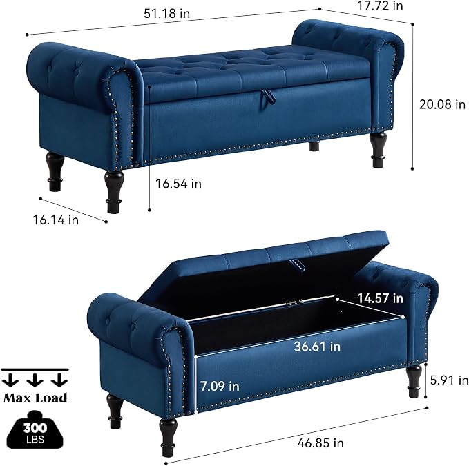 Storage Bench for Bedroom, 51" Upholstered End of Bed Bench, Velvet Queen Size Benches with Rolled Arms, Tufted Button Storage Long Ottoman, Living Room, Entryway, Blue