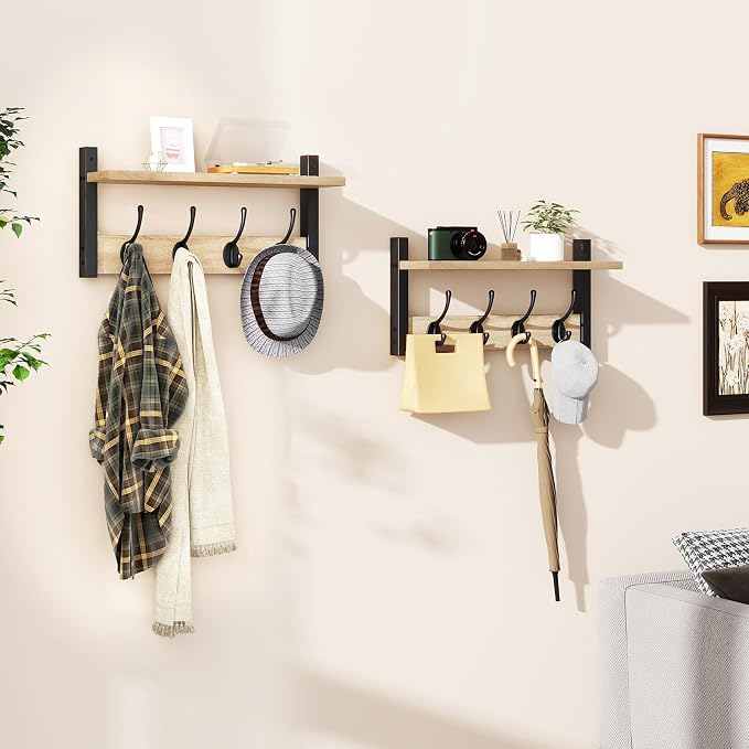 YMYNY Coat Rack Wall Mount with Shelf and Hooks, Light Natural HWS001R-2 | 2 Pack Wooden Wall Mounted Coat Hanger with Shelf and 8 Double Hooks, Wall Coat Rack for Entryway Hallway Bedroom Bathroom