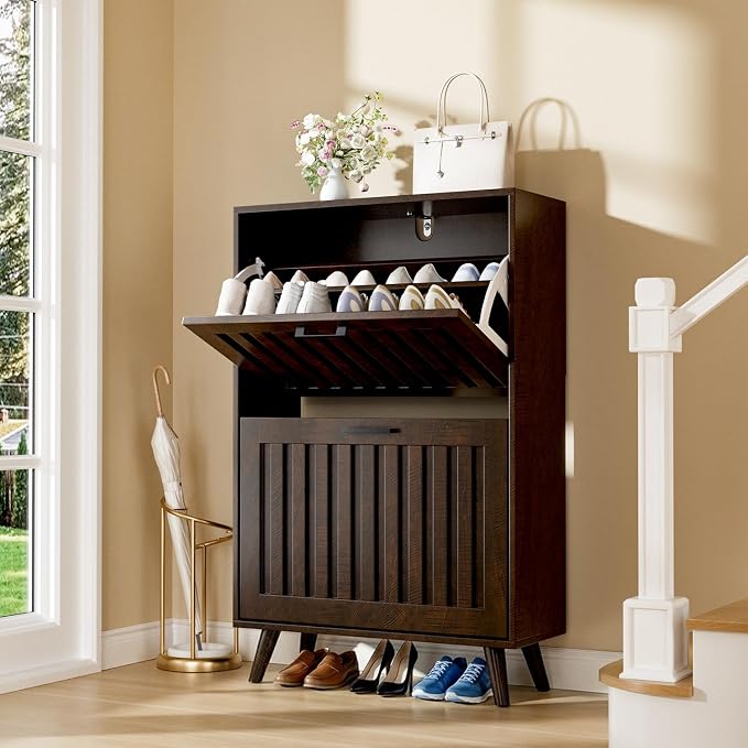 Shoe Storage Cabinet with 2 Flip Drawers, Modern Freestanding Organizer with Adjustable Shelf, Narrow Shoe Rack Cabinet for Entryway, Walnut