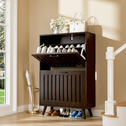 Shoe Storage Cabinet with 2 Flip Drawers, Modern Freestanding Organizer with Adjustable Shelf, Narrow Shoe Rack Cabinet for Entryway, Walnut