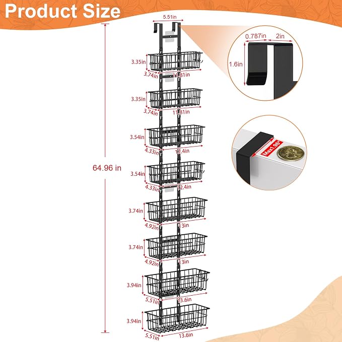 Hongtamoya 8 Tier Over The Door Organizer, Adjustable Hanging Door Organizer with 8 Wire Baskets 6 Hooks, Behind The Door Storage for Pantry Closet Bedroom Bathroom Cabinet Kitchen Laundry Room, Black