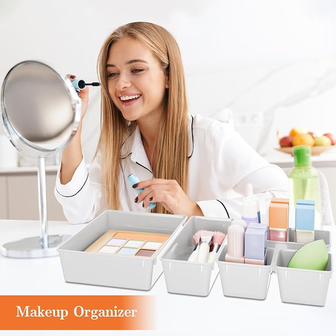 SpaceHacks 25 PCS Plastic Drawer Organizer Set, 4-Size Versatile Organizer Trays & storage Bins for Makeup, Jewelry, and Gadgets in Bathroom, Bedroom and Office, White