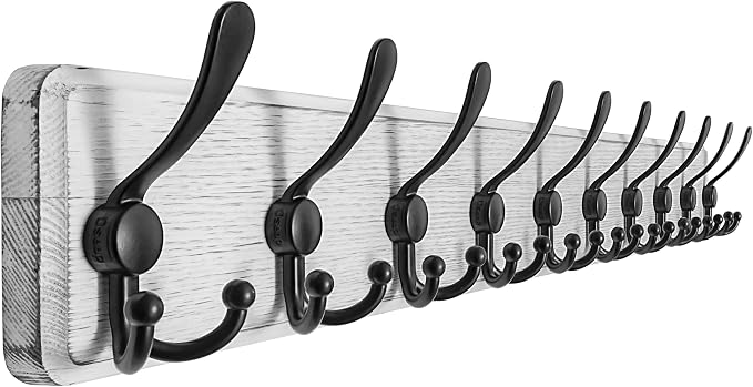 Coat Rack Wall - Heavy-Duty 38-1/4" Long, with Reinforced 10 Custom Tri-Hooks, Solid Wood Wall Hanger for Coats Hat Jackets - Rustic Farmhouse Entryway Hallway Storage, White & Black