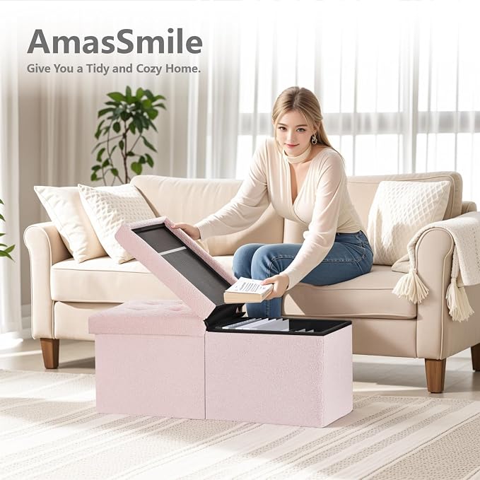 AmasSmile Ottoman Storage Bench, 34" Teddy Velvet Folding Stool Pink | Large Ottoman with Storage, Thicker Foam Padded Seat, Livingroom, Dorm, Bedroom, Entryway, Easy to install, 34 x 13 x 13in