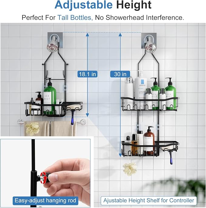 Upgraded Extended Length Shower Organizer with Hooks, Rustproof Shampoo Soap Holder, Large Hanging Bathroom Caddy