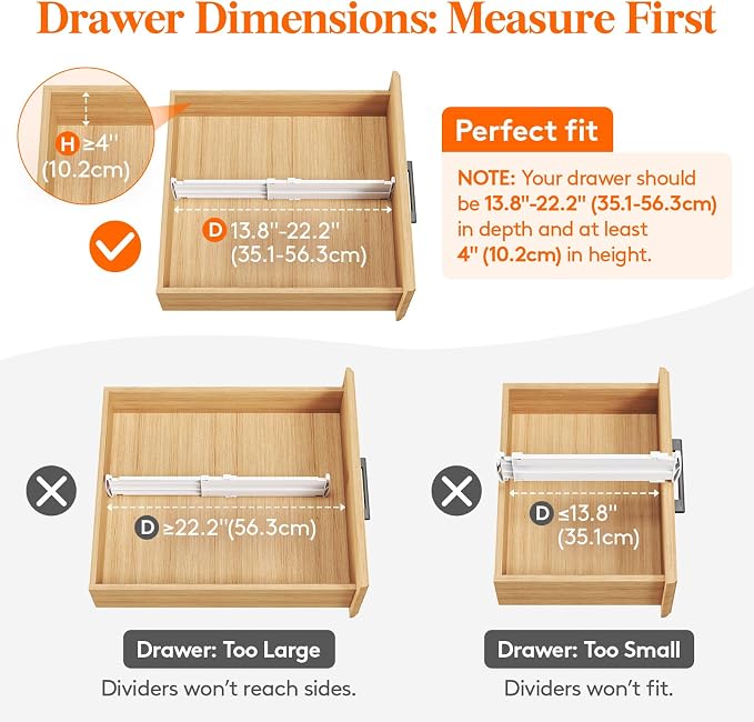 Lifewit 9 Pack Drawer Dividers for Clothes, 4" High 13.8"-22.2" Expandable Dresser Drawer Organizers, Adjustable White Plastic Separators for Kitchen, Cabinet, Nursery, Socks & Underwear Storage