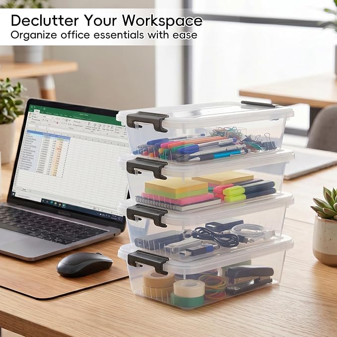 Small Storage Bins with Lids 10 Pack 3Qt Clear Stackable Containers Boxes | Clear Plastic, Lidded Containers, Stackable Design, for Home Office Pantry and Small-Item Organization