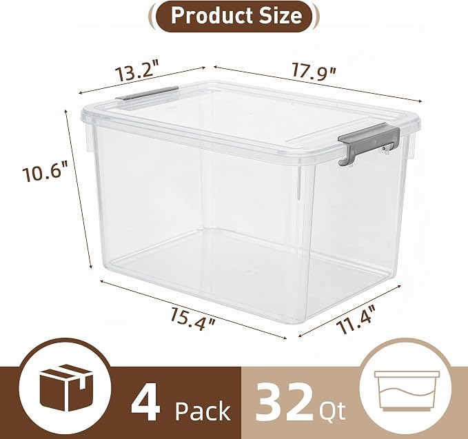 Citylife 32 QT Plastic Storage Bins with Latching Lids Stackable Storage Containers for Organizing Large Clear Storage Box for Garage, Closet, Kitchen, 4 Packs