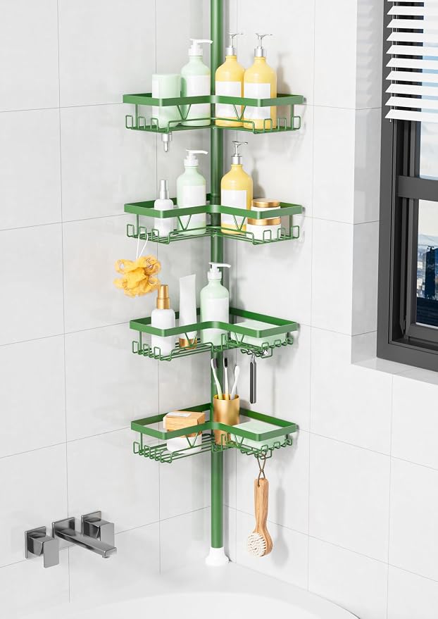 KEGII Shower Caddy Tension Pole, Bathroom Storage Shelf, Emerald Green | Space-Saving 4-Tier with 28 Hooks and Soap Holder, No Drill Setup for Renters, Adjustable Floor to Ceiling Shower Storage