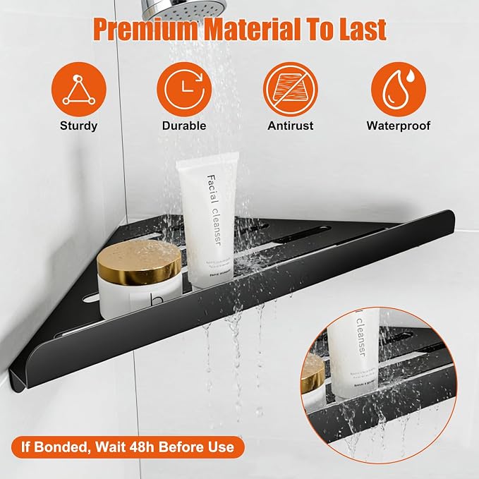 Fikoksol Shower Caddy Storage, Triangle Corner Shelf with Adhesive Glue | Metal Bathroom Shelf Storage, Adhesive or Screw Wall Mounted Corner Shower Rack, Black Rustproof Bath Organizer Accessory