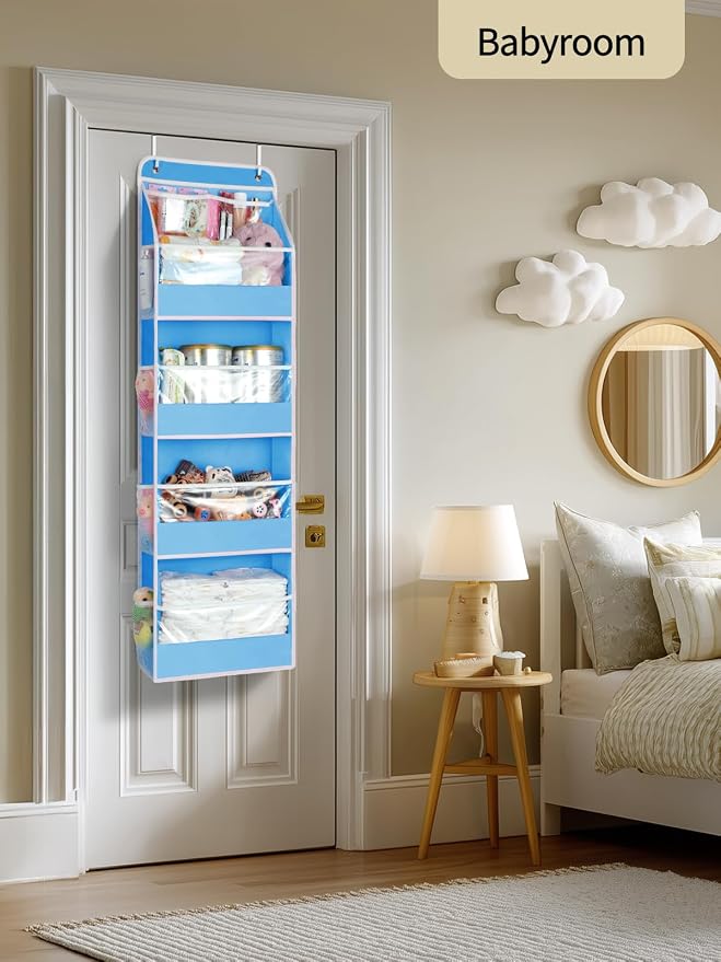Yecaye 5 Tier Over the Door Organizer, Swing-proof Door Organizer Hanging with Clear PVC Windows, Behind the Door Storage for Bedroom Nursery Closet Laundry Pantry Bathroom, Blue