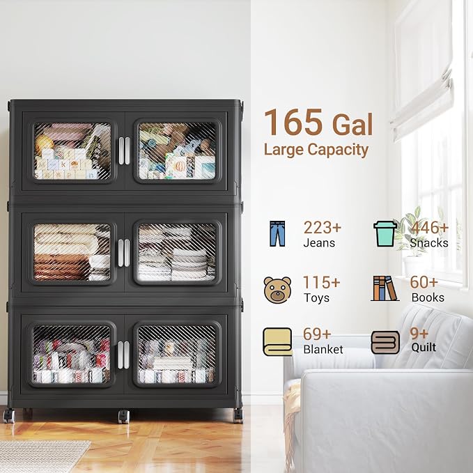 BROVIEW 660 Qt Extra Large Stackable Storage Bin with Lids, 3 Pack Black | 165Gal Extra Large, Collapsible Storage Boxes with 3 Lids, Folding& Rolling Plastic Drawer, Heavy-Duty Cabinet Organization