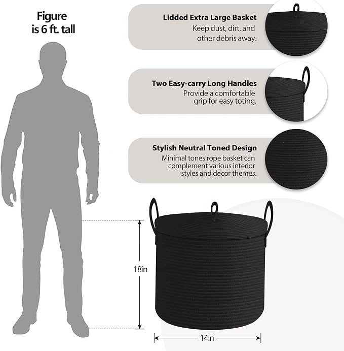 18" X 14" Large Black Basket with Lid, Cotton Rope Storage Basket for Blanket, Toy, Pillow, Towel, Living Room Bedroom Storage Bin, Wicker Woven All Black Organizing Bin with Cover