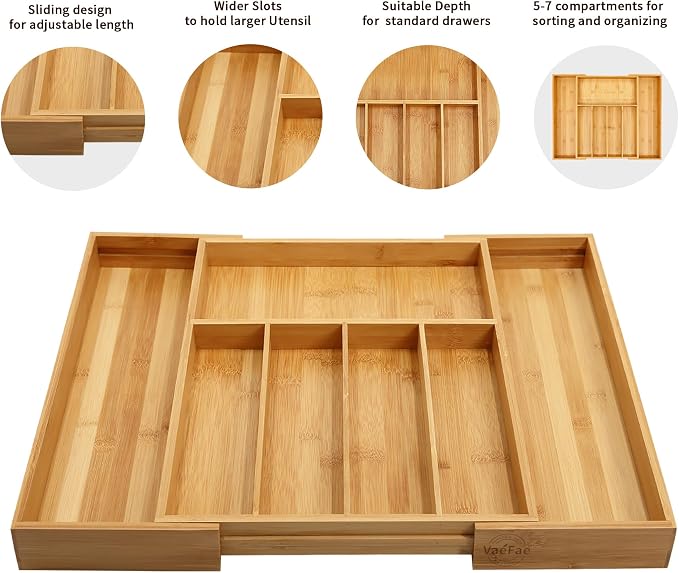 VaeFae Bamboo Drawer Organizer, Large, Natural | Expandable Silverware Organizer, Kitchen Utensil Storage, Wooden Cutlery Tray with Dividers, Fork and Spoon Holder