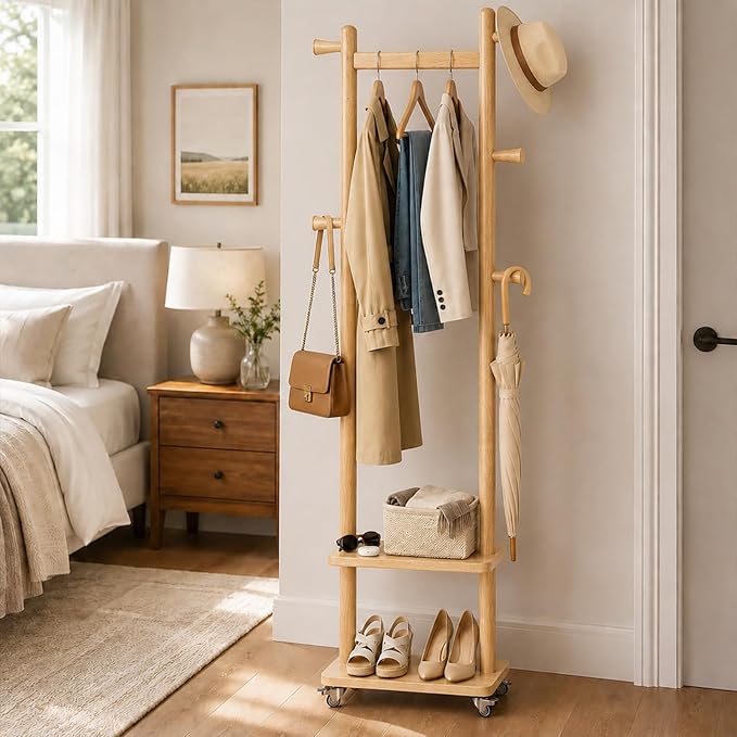 Taitiy Solid Wood Coat Rack Small Freestanding with Wheels 2 Shelves | Small spaces, solid rubberwood construction, 2 shelves and 5 hooks, ideal for bedrooms, entryways, apartments and homes