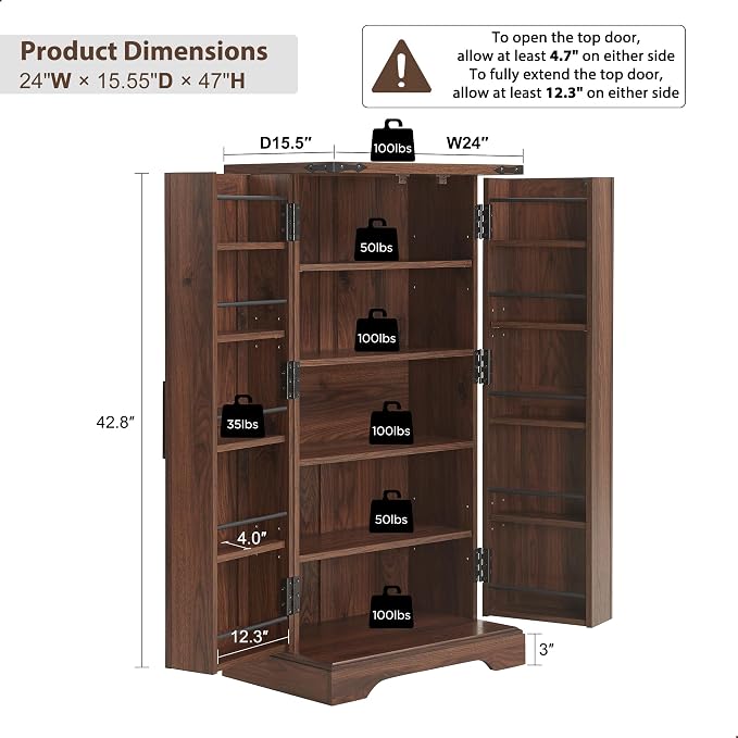 47" Tall Wooden Pantry Storage Cabinet with Door Shelves | Farmhouse, Barn Doors, Adjustable Shelves, Freestanding, Anti-tip Kit, for Kitchen, Dining Room, Living Room