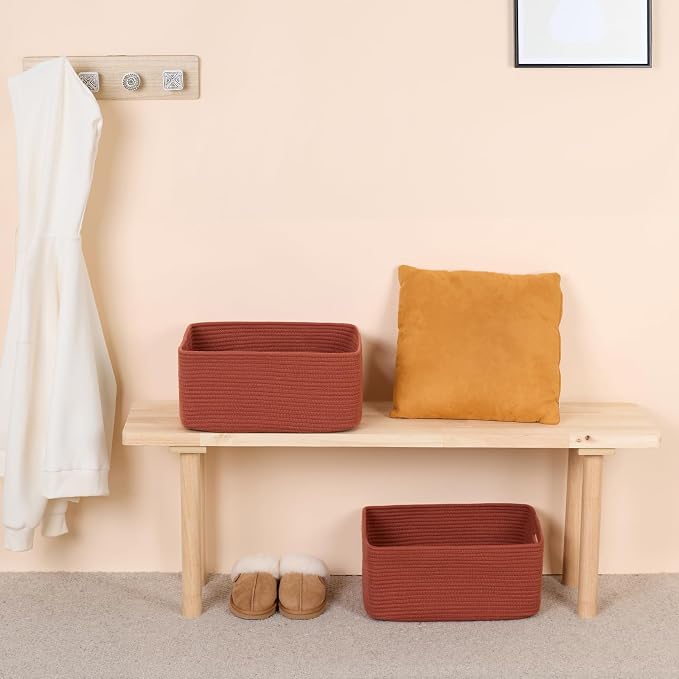 MiniArk Large Storage Baskets for Organizing, 17 x 13 x 7.5” Closet Shelf Baskets for Clothes Blanket Towels, Baby Nursery, Toy Bins Box, Woven Rope Baskets, 4 Packs Oxide Red