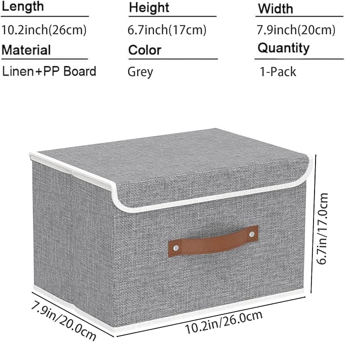 Yawinhe Collapsible Storage Boxes,Grey,10.2x7.9x6.7in,1-Pack | Fabric Storage bin with Lids, Washable Cube Organizer Basket; Container with Leather Handle,Closet Organizer for Home