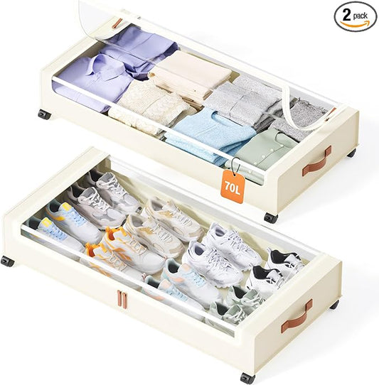 Yecaye 70L Large Under Bed Storage Containers with Wheels, 2 Pack, Beige | Larger Capacity, 360° Rolling Wheels, Clear Window & Label, Sturdy Fabric, Rolling Metal Drawers for Clothes, Shoes, Blankets
