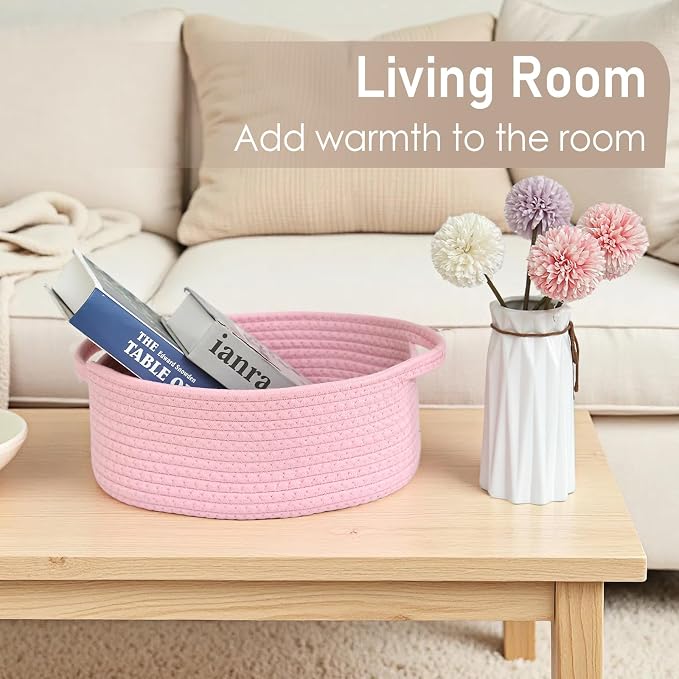 JMvicyroam Small Woven Basket, Empty Gift Basket, Pink/3 Pack | Small Gift Basket, Cotton Rope, 12 x 8 x 44 in, Handles, Includes Ribbon and Bag, Birthday Gift Basket