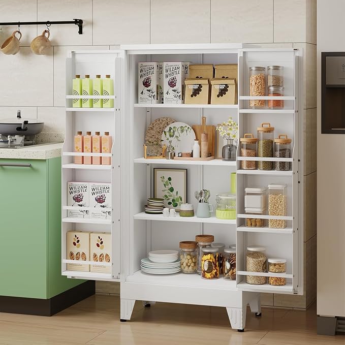 48" H Metal Kitchen Pantry Storage Cabinet, Freestanding Cupboard Storage Cabinet with Doors and Adjustable Shelves, Large Stand Up Food Cupboard for Living Room, Dinning Room（White）