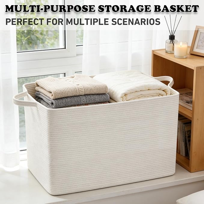 65L Collapsible Woven Rope Laundry Basket with Handles, White | 21x16x12 Foldable Rectangular Blanket Basket for Toys, Clothes & Pillows,Ideal for Nursery, Bathroom, Bedroom, Living Room