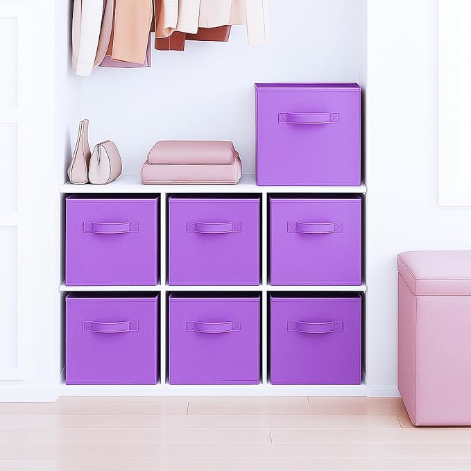 PowerKing Collapsible Storage Cubes, Farbic Storage Bins, Violet, 6 Pack | Sturdy, Lightweight, Easy Pull Handle, Closet & Shelf Organizer, Clothes and Toys Storage, 10.5'' x 11'' x 10.5''